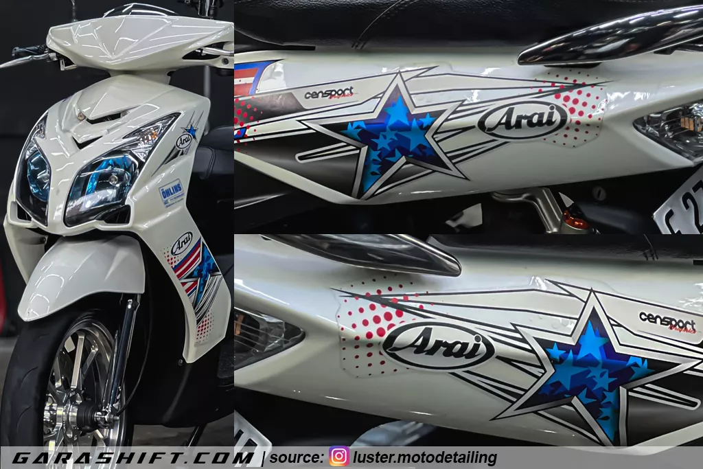 Striping custom arai mio soul mx putih by luster motodetailing